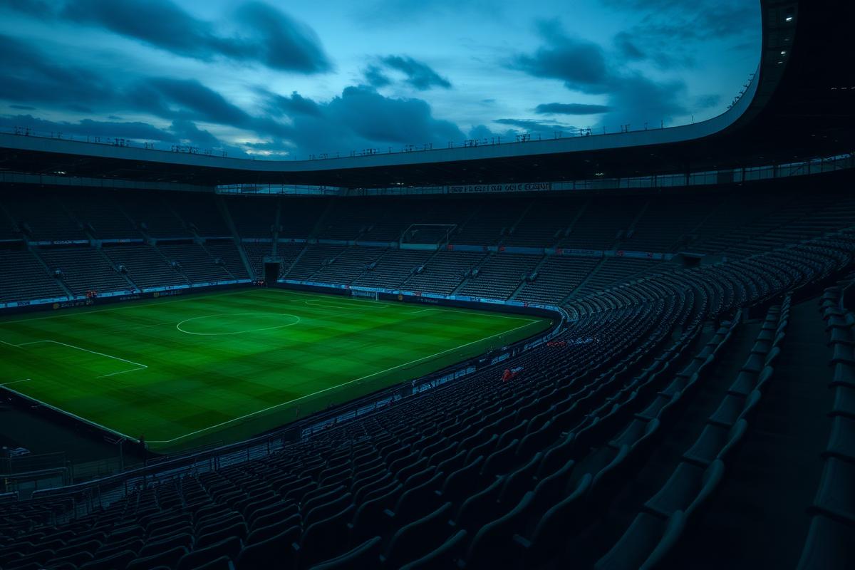 Prazne tribine stadiona u sumrak s osvijetljenim zelenim travnjakom